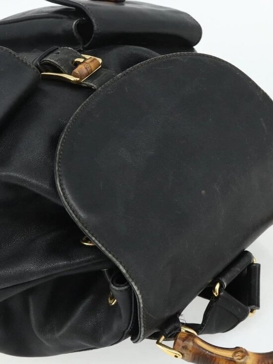 GUCCI Bamboo Backpack Leather Black Gold Auth main image 11